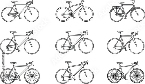 Flat vector illustration of nine bicycle line drawings, road bikes, mountain bikes, commuter bicycles, frame variations, wheel styles, black design
