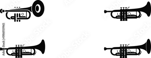 Flat vector illustration of four trumpet silhouettes, musical instrument icons, black design, jazz brass art, classical orchestra wind instrument