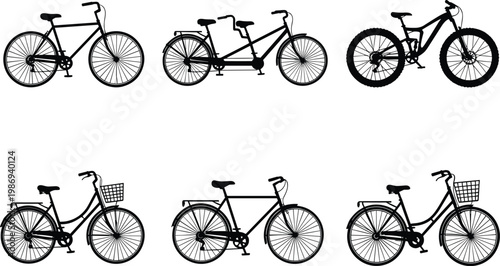 Flat vector illustration of six different bicycle silhouettes, road bike, tandem, mountain bike, commuter bicycles with baskets, black design