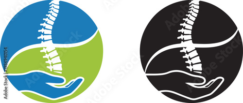 Human spine and protective hand circular logo design in color and black versions for chiropractic medical services