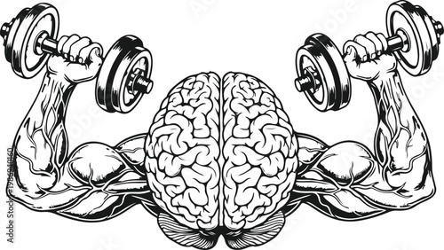Human brain anatomy with muscular arms lifting weights for intelligence development and mental health awareness art