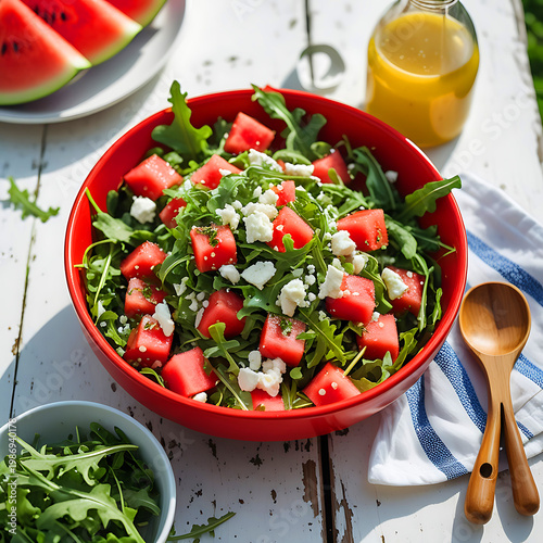 Close-up of watermelon feta arugula salad in red bowl, fresh summer dish.