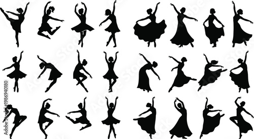Flat vector illustration of twenty‑four elegant dancer silhouettes in ballet and contemporary poses, graceful movement, expressive figures, artistic dance design