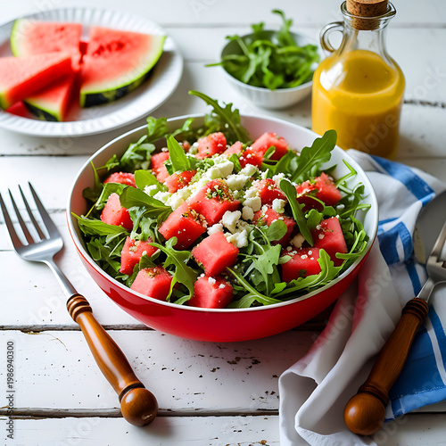 Watermelon salad with feta and arugula, served with dressing and fork.