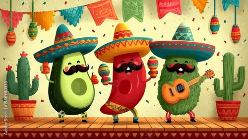 Vibrant Cinco de Mayo Celebration with Lively Avocado, Chili, and Cactus Characters