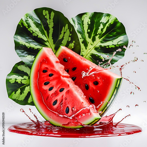 Two watermelon slices with water splash and leaves exotic refreshment juicy summer drink.