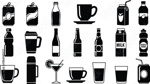Black and white of various beverage containers and cups drink soda can