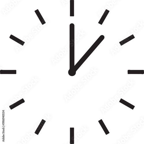 Minimalist clock face with hour and minute hands pointing to 1:00 on transparent background represents time