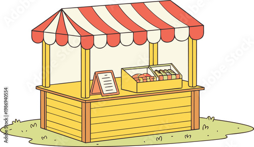 Street food stall vector illustration featuring red striped awning and wooden counter for markets.