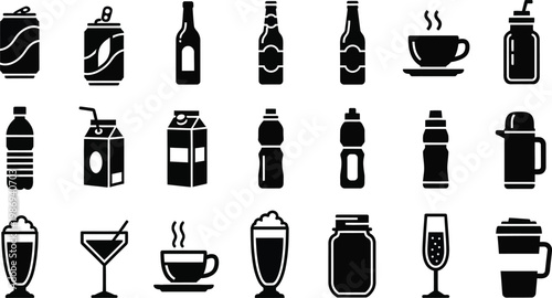 Black and white of various beverage containers and glasses drink bottle 1
