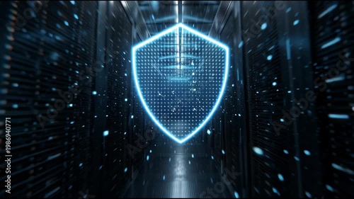 Digital Shield Floats in Dark Server Room While Data Streams Move Through the Environment in a Tech-Focused Visual Display