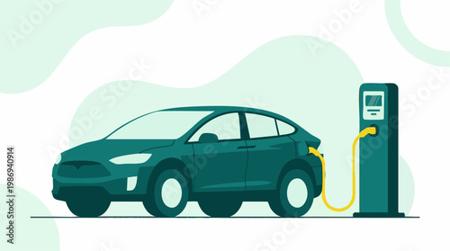 Electric car being charged at a public station for sustainable transport
