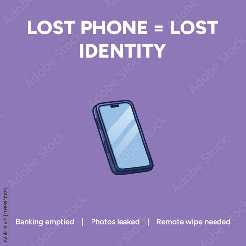 Digital smartphone vector illustration warning users about the severe security risks associated with losing a mobile device and personal identity