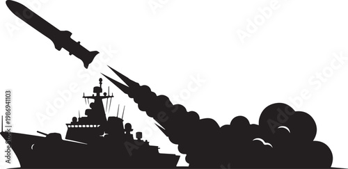 Warship, naval vessel, military boat, missile launcher, black silhouette, vector illustration