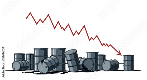 Oil barrels and falling stock market graph illustration.