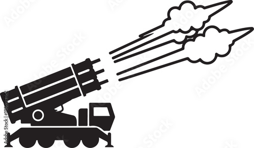 Black missile launcher truck, military vehicle, rocket launch, silhouette icon, transportation