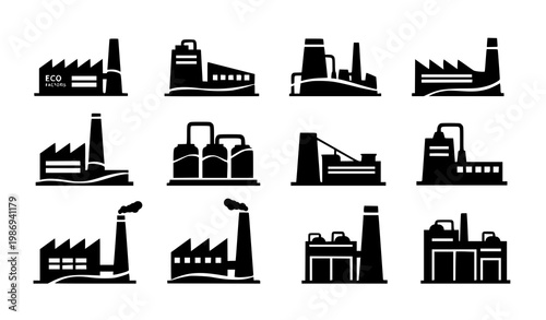 Modern minimalist factory silhouette vector collection with industrial buildings and eco plant shapes isolated on white