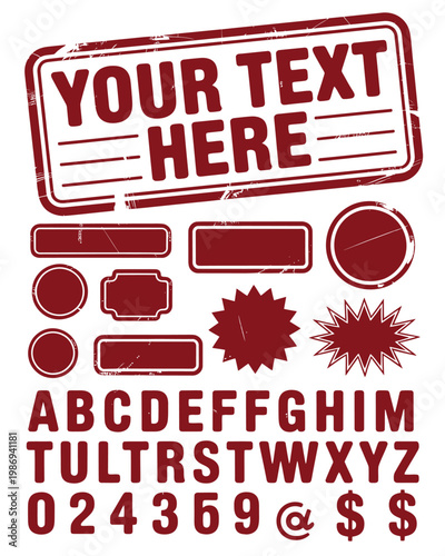 Collection of red rubber stamp shapes letters numbers and symbols