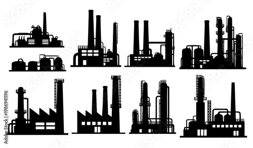 Heavy industry factory silhouette vector set with refinery steel plant and chemical factory buildings isolated on white background