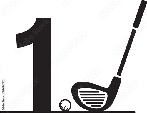 Golf club, ball, and number one icon, black and white vector, golfing symbols, sports illustration