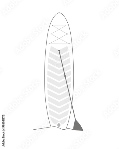  Sup board and its paddle standing in sand. Minimalist line drawing for print or web use. Paddle board. Vector illustration