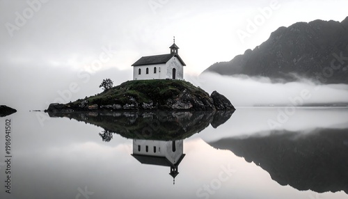 A serene shot of a small white chapel perched on a rocky island, reflecting perfectly in still water amidst a foggy, mountainous backdrop