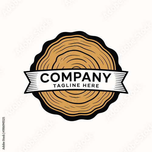 Vintage woodcut logo design featuring a tree stump and banner text