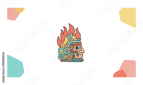 Aztec Warrior God Mascot with Fire Headdress on White Background