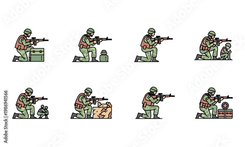 Soldier kneeling icons with rifle and military equipment set