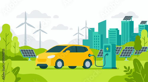 Sustainable city, electric car charging, solar panels, and wind energy.