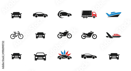 Collection of transportation icons including cars motorcycles airplanes and trucks.