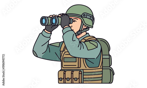 Soldier Looking Through Binoculars Wearing Tactical Gear Illustration