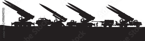 Black silhouettes, military missile launchers, truck mounted, vector graphics