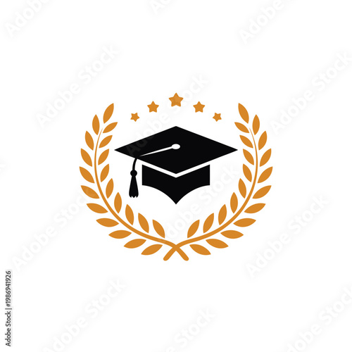 A graduation cap with a laurel wreath and star accents black on white