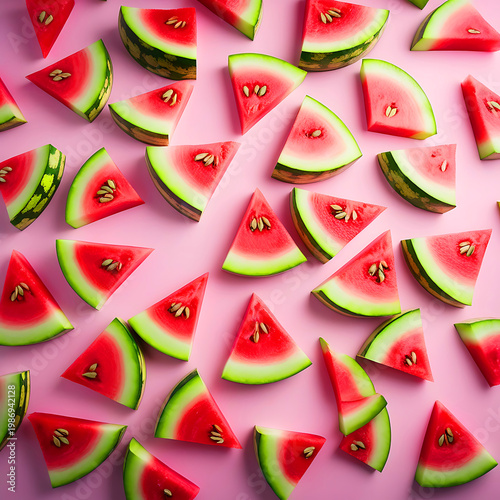 Colorful watermelon slices scattered on pink background dynamic pattern summer vibrant.