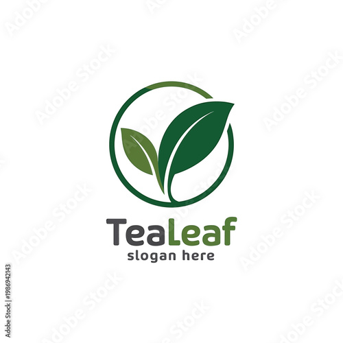 Minimalist logo featuring green tea leaves within a circular design