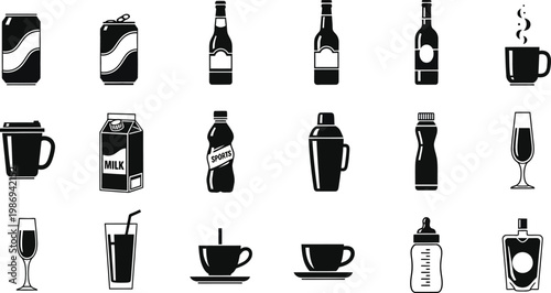 Black and white of various beverage containers and glasses drink bottle 2