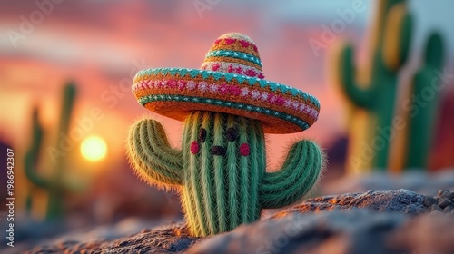 Vibrant Cinco de Mayo Celebration with Playful Cactus in Bright Sombrero at Sunset