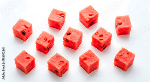 Square cut watermelon cubes arranged in rows on white surface for healthy snack preparation.