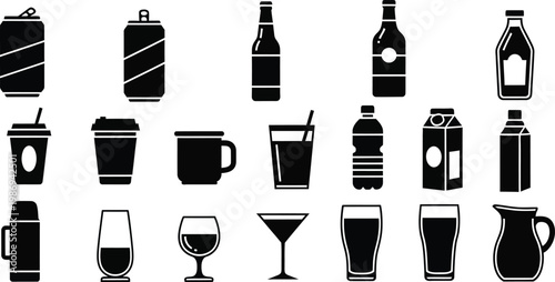 Black and white of various beverage containers and glasses drink bottle