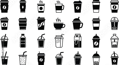 Black and white of various coffee and drink cups