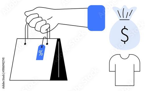 E-commerce, retail marketing, shopping discounts, financial transactions, budget savings, customer purchases. Graphic ion of a hand holding a shopping bag and a money bag icon. E-commerce and retail