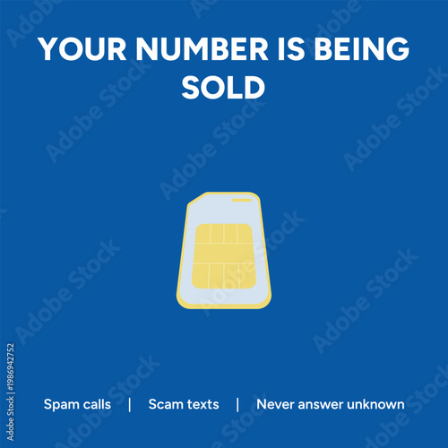 Digital vector illustration showing a mobile sim card warning users about potential security threats like spam calls and scam text messages