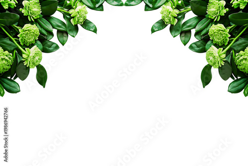 Green leaves and flowers framed on a transparent background with copy space.