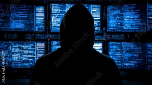 Silhouette in a Dark Room With Multiple Blue Screens Showing Various Data and Information at Night