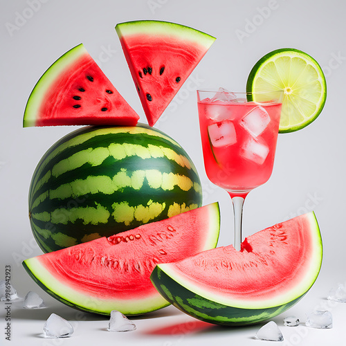 Watermelon slices and juice with ice cubes and lime slice isolated on white.
