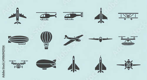 Collection of various aircraft and airships icons.