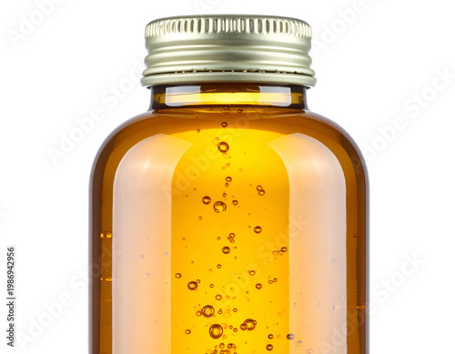 Amber glass bottle with metallic cap, filled with amber liquid and bubbles