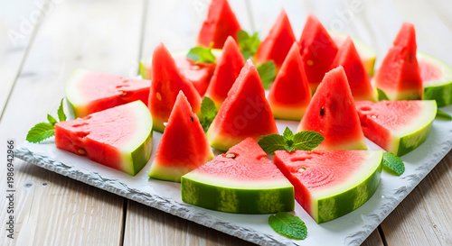 Watermelon slices with mint leaves on white platter, rustic wooden background.
