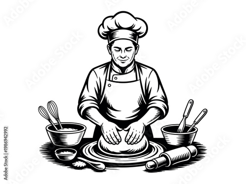 A chef kneading dough on a floured surface in a professional kitchen with utensils and ingredients nearby.